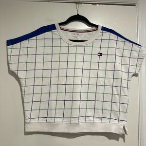 Tommy Hilfiger Sz:M Boxy Green/blue Cropped Cap Sleeve Window Pane Geometric Top